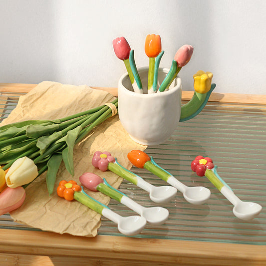 Ins Three Dimensional Small Flower Tulip Ceramic Spoon