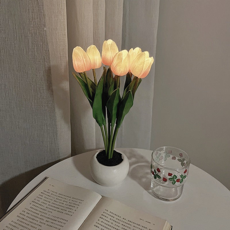 LED Tulip Flower Night Light Artificial Flowerpot Potted Plant Landscape Table Lamp Home Bedroom Living Room Decoration Gift