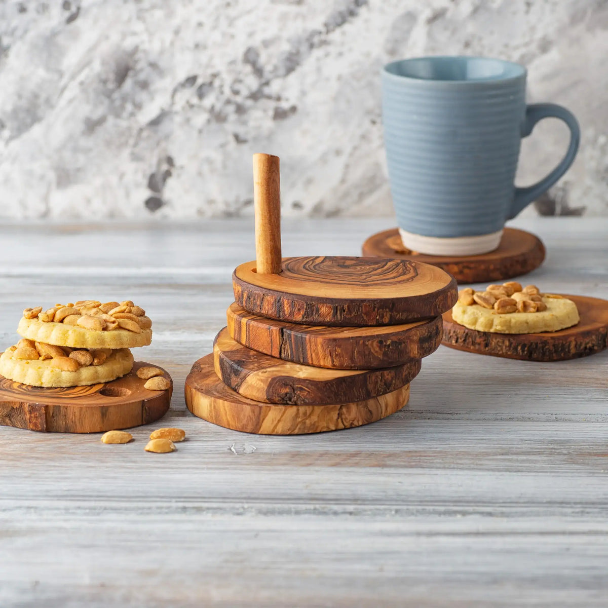 Olive Wood Coaster Set with Holder -7 Pcs