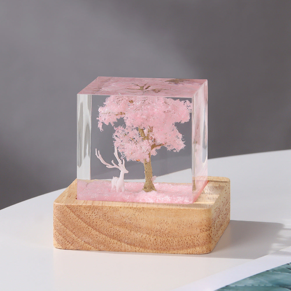 Handmade Wht Cherry Tree Small Night Lamp Resin Crafts