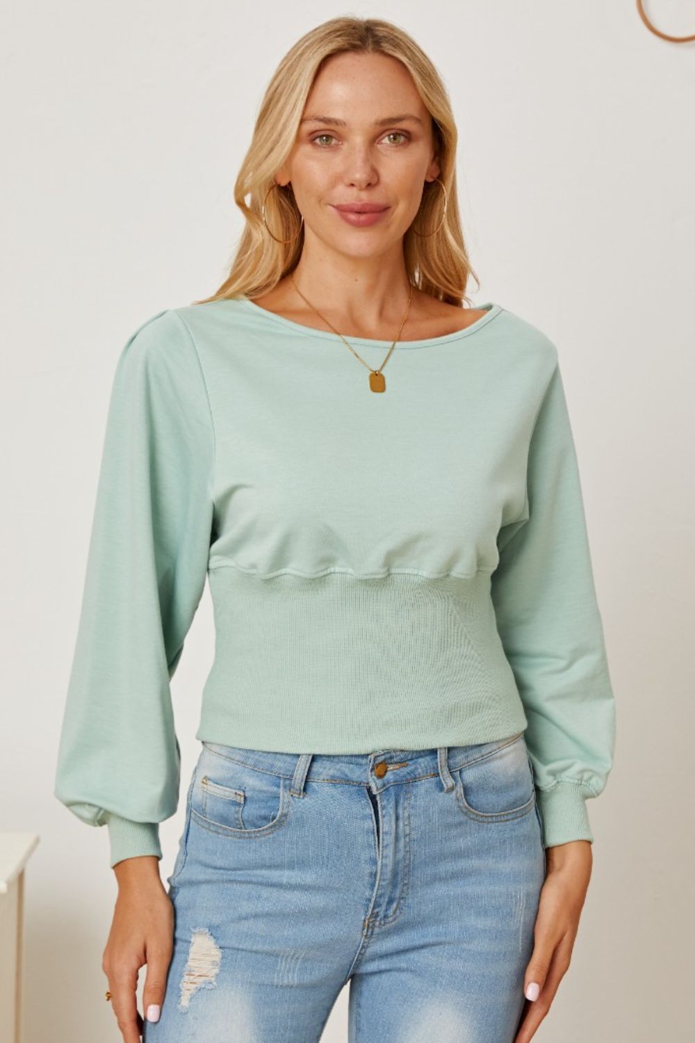 Boat Neck Lantern Sleeve Blouse - JDrop.Shop