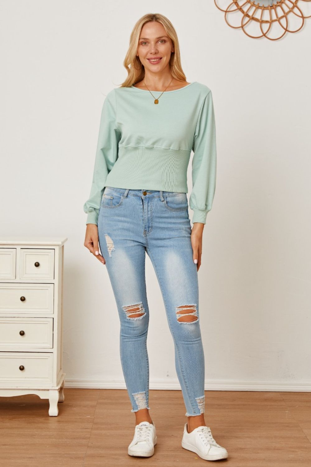 Boat Neck Lantern Sleeve Blouse - JDrop.Shop