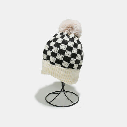 Checkered Knit Hat with Pompom - JDrop.Shop