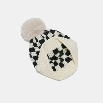 Checkered Knit Hat with Pompom - JDrop.Shop