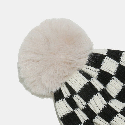 Checkered Knit Hat with Pompom - JDrop.Shop