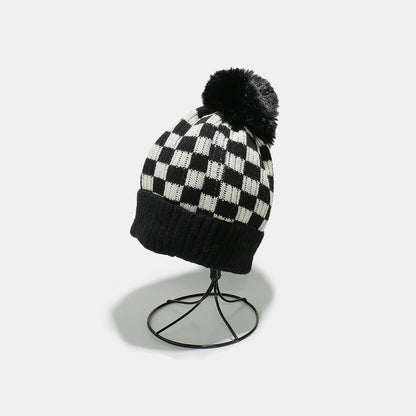 Checkered Knit Hat with Pompom - JDrop.Shop