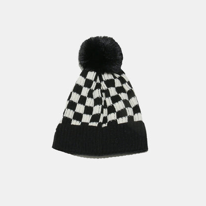 Checkered Knit Hat with Pompom - JDrop.Shop