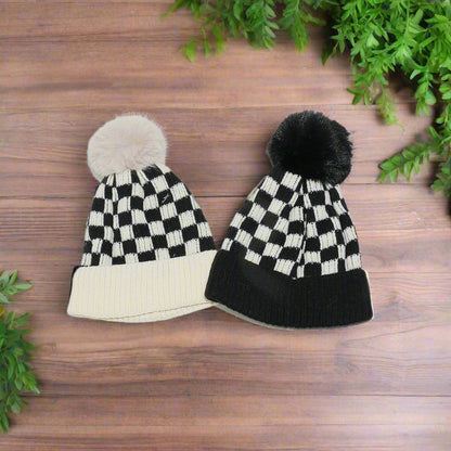 Checkered Knit Hat with Pompom - JDrop.Shop