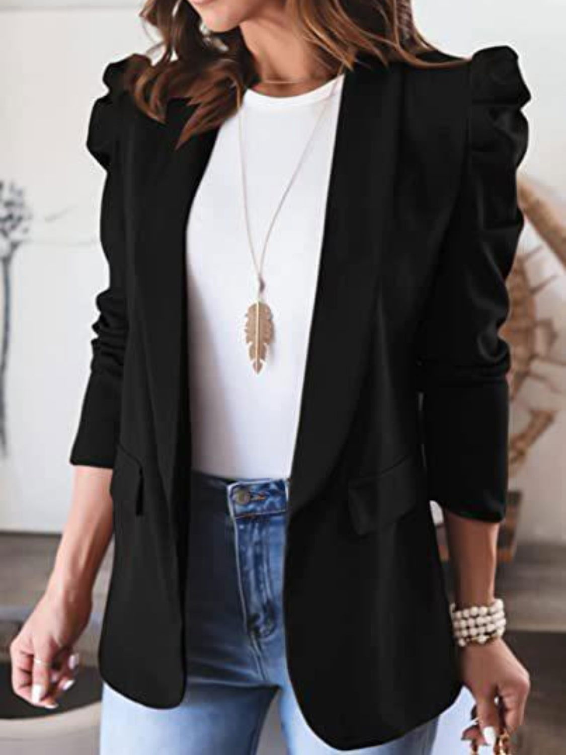 Collared Neck Puff Sleeve Blazer - JDrop.Shop