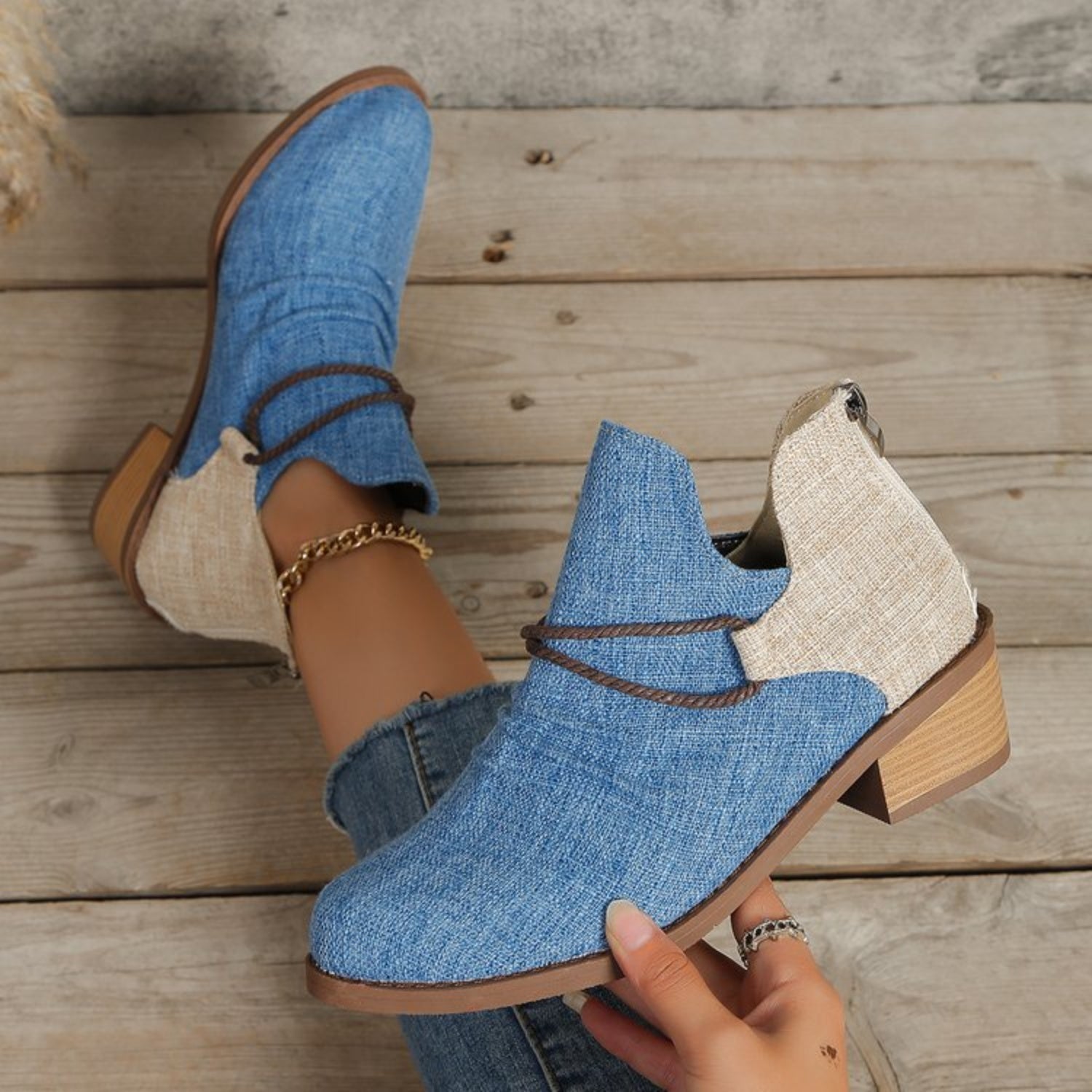 Contrast Canvas Low Heel Boots - JDrop.Shop