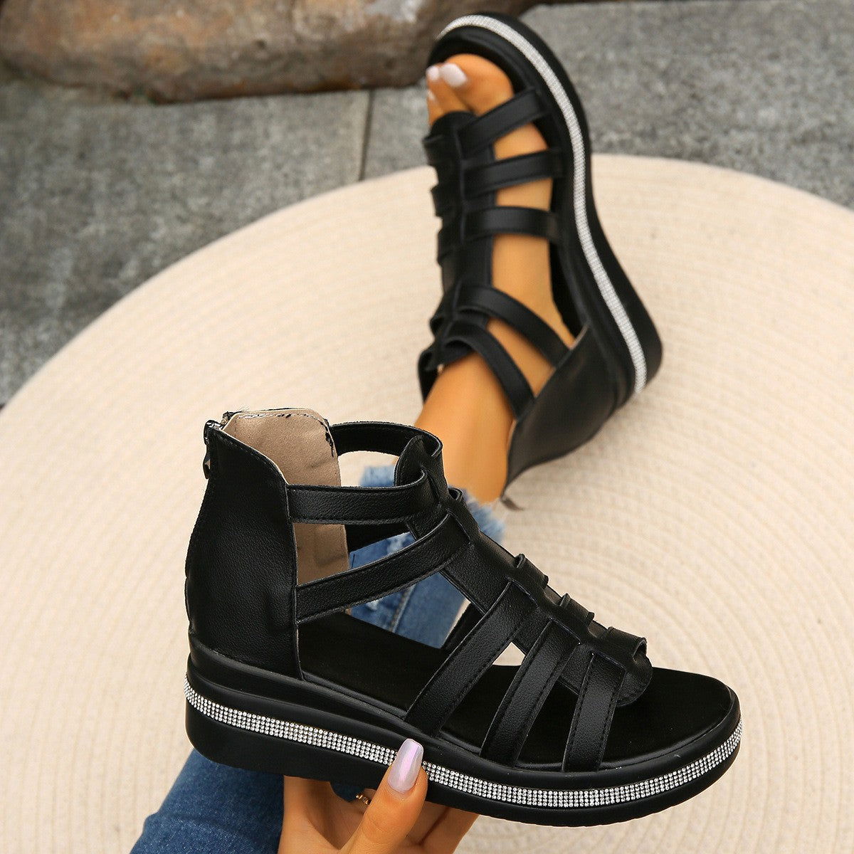 Cutout Rhinestone Trim Wedge Sandals - JDrop.Shop