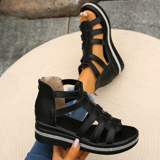 Cutout Rhinestone Trim Wedge Sandals - JDrop.Shop