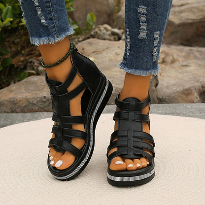 Cutout Rhinestone Trim Wedge Sandals - JDrop.Shop