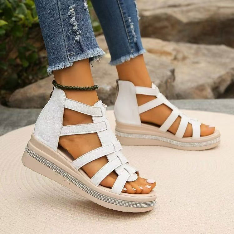 Cutout Rhinestone Trim Wedge Sandals - JDrop.Shop