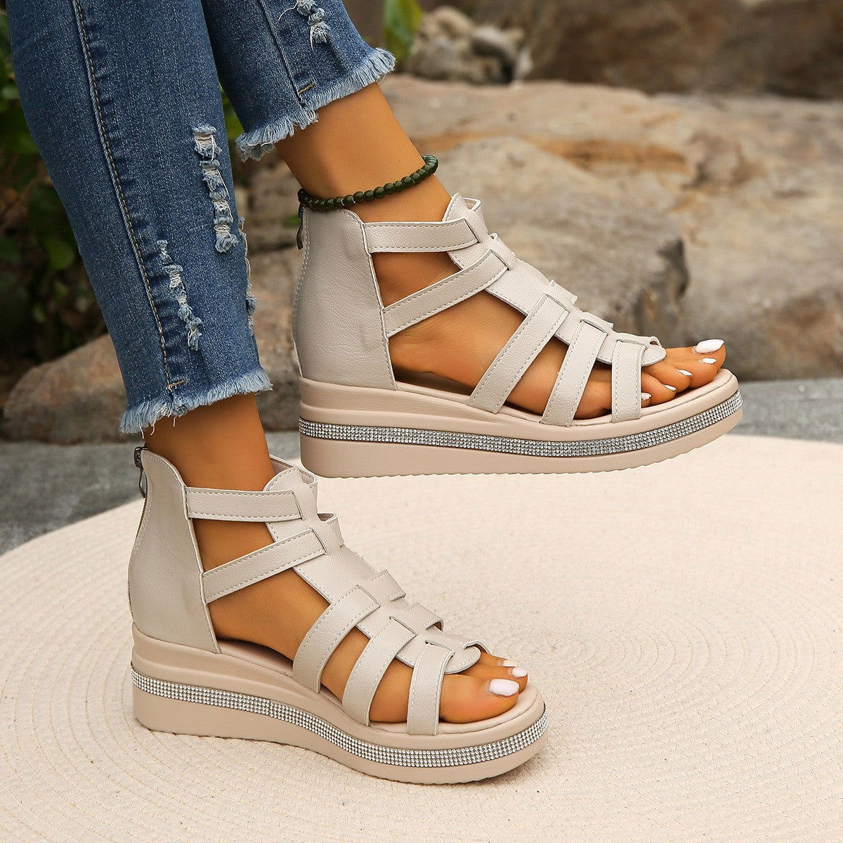 Cutout Rhinestone Trim Wedge Sandals - JDrop.Shop