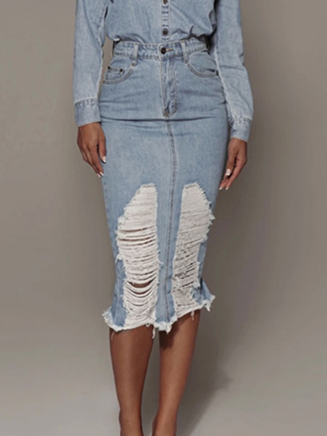 Distressed Slit Denim Skirt - JDrop.Shop