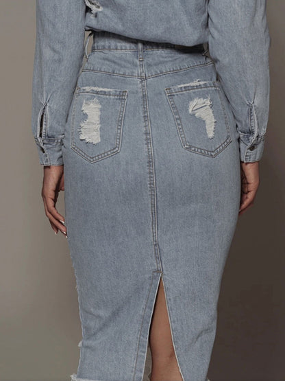 Distressed Slit Denim Skirt - JDrop.Shop