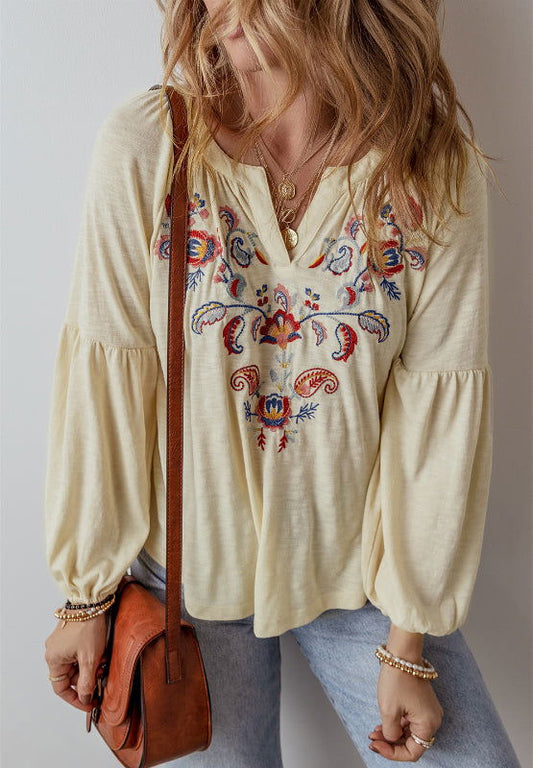 Embroidered Notched Long Sleeve Blouse - JDrop.Shop