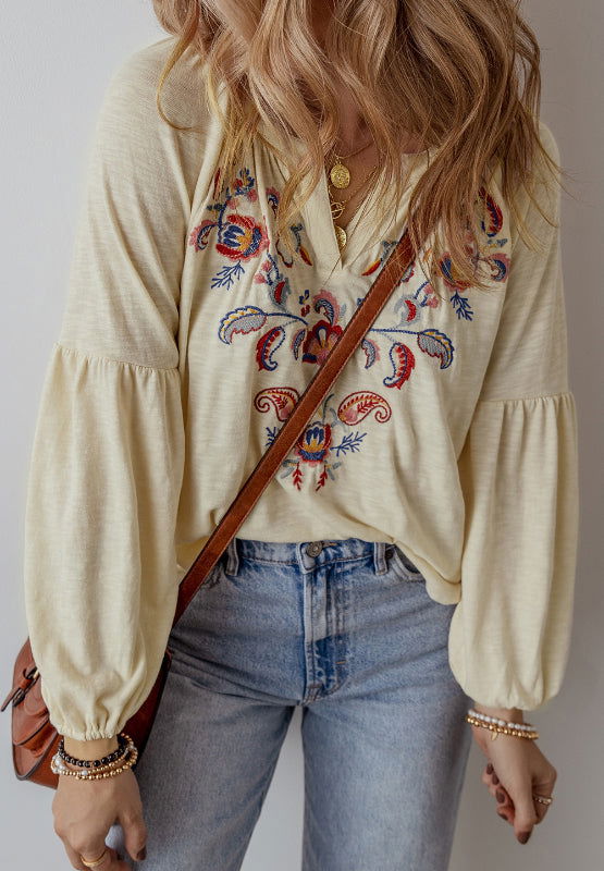 Embroidered Notched Long Sleeve Blouse - JDrop.Shop