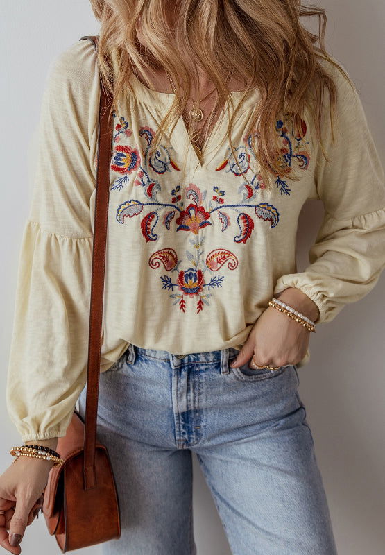 Embroidered Notched Long Sleeve Blouse - JDrop.Shop