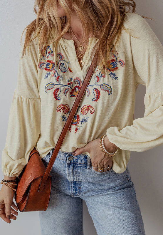 Embroidered Notched Long Sleeve Blouse - JDrop.Shop