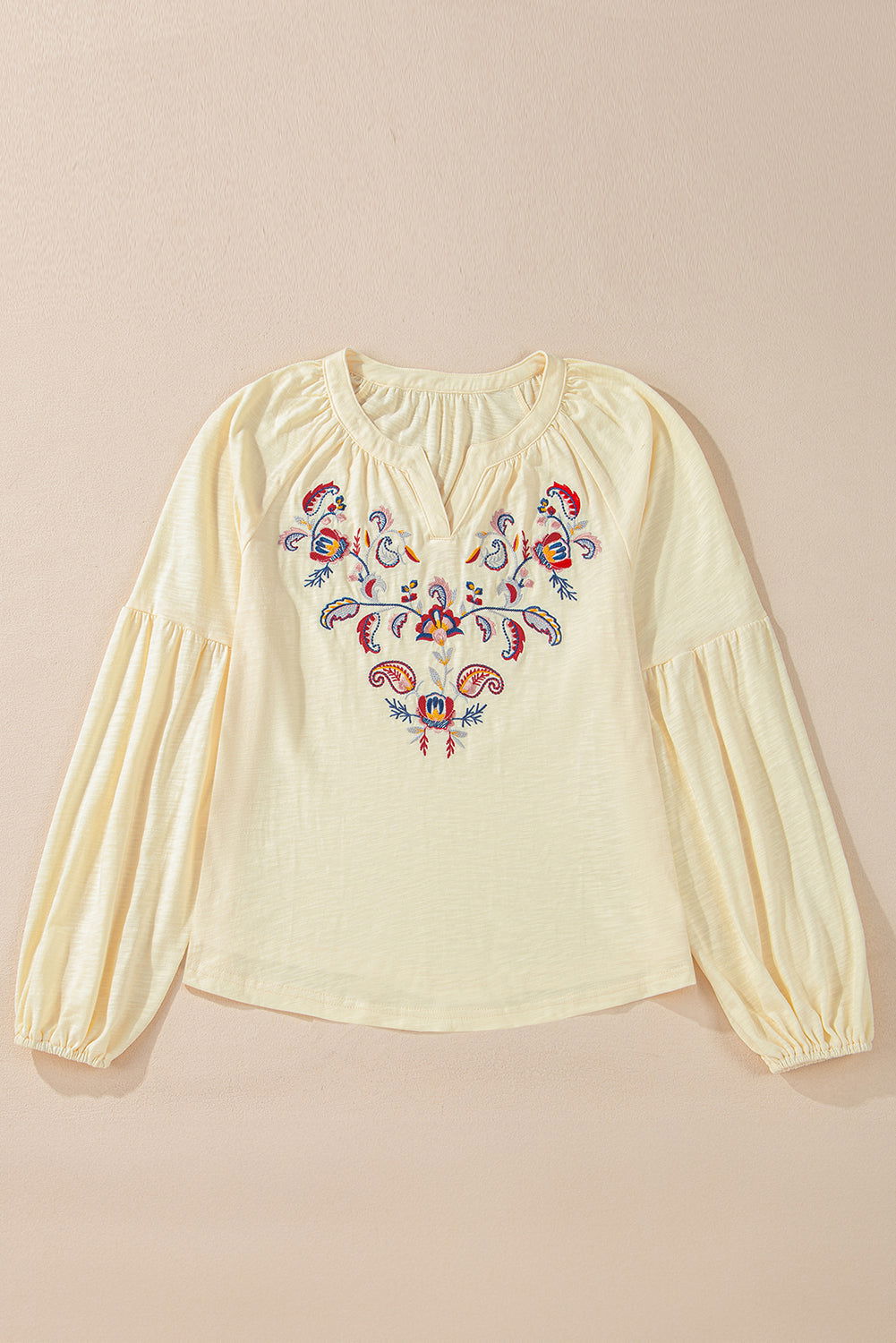 Embroidered Notched Long Sleeve Blouse - JDrop.Shop