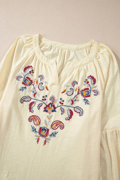 Embroidered Notched Long Sleeve Blouse - JDrop.Shop