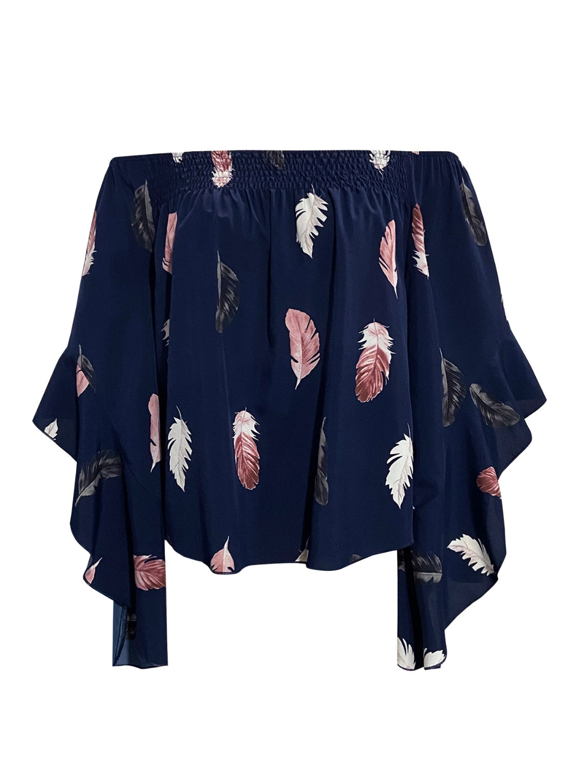 Feather Print Smocked Off-Shoulder Blouse - JDrop.Shop