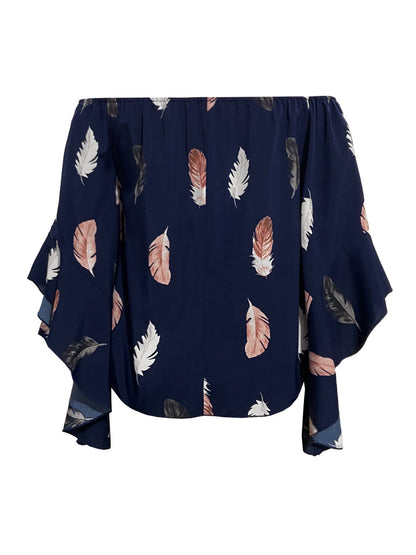 Feather Print Smocked Off-Shoulder Blouse - JDrop.Shop