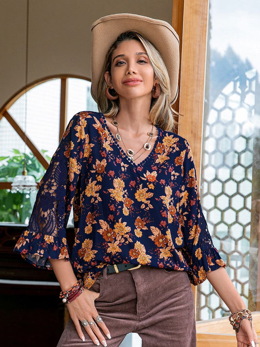 Floral V-Neck Crochet Blouse - JDrop.Shop