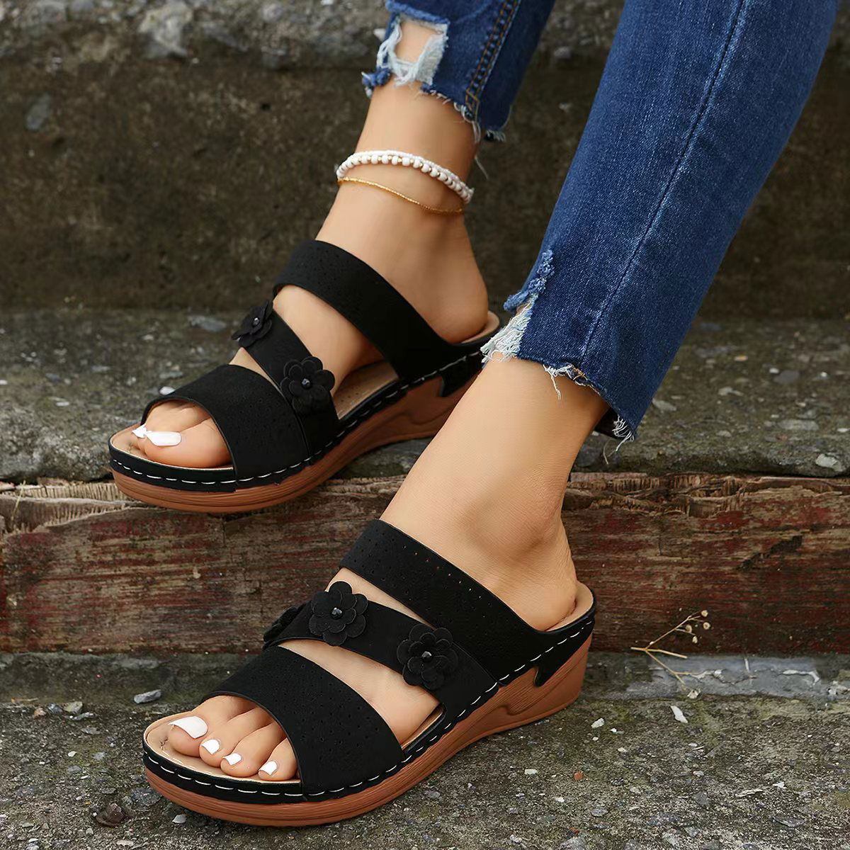 Flower PU Leather Wedge Sandals - JDrop.Shop