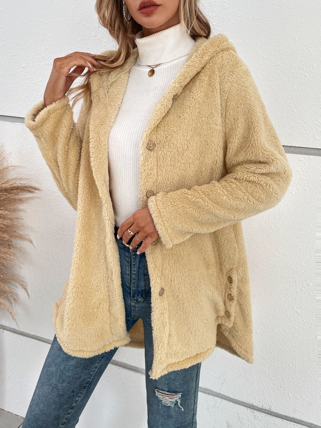 Fuzzy Button Up Hooded Jacket - JDrop.Shop