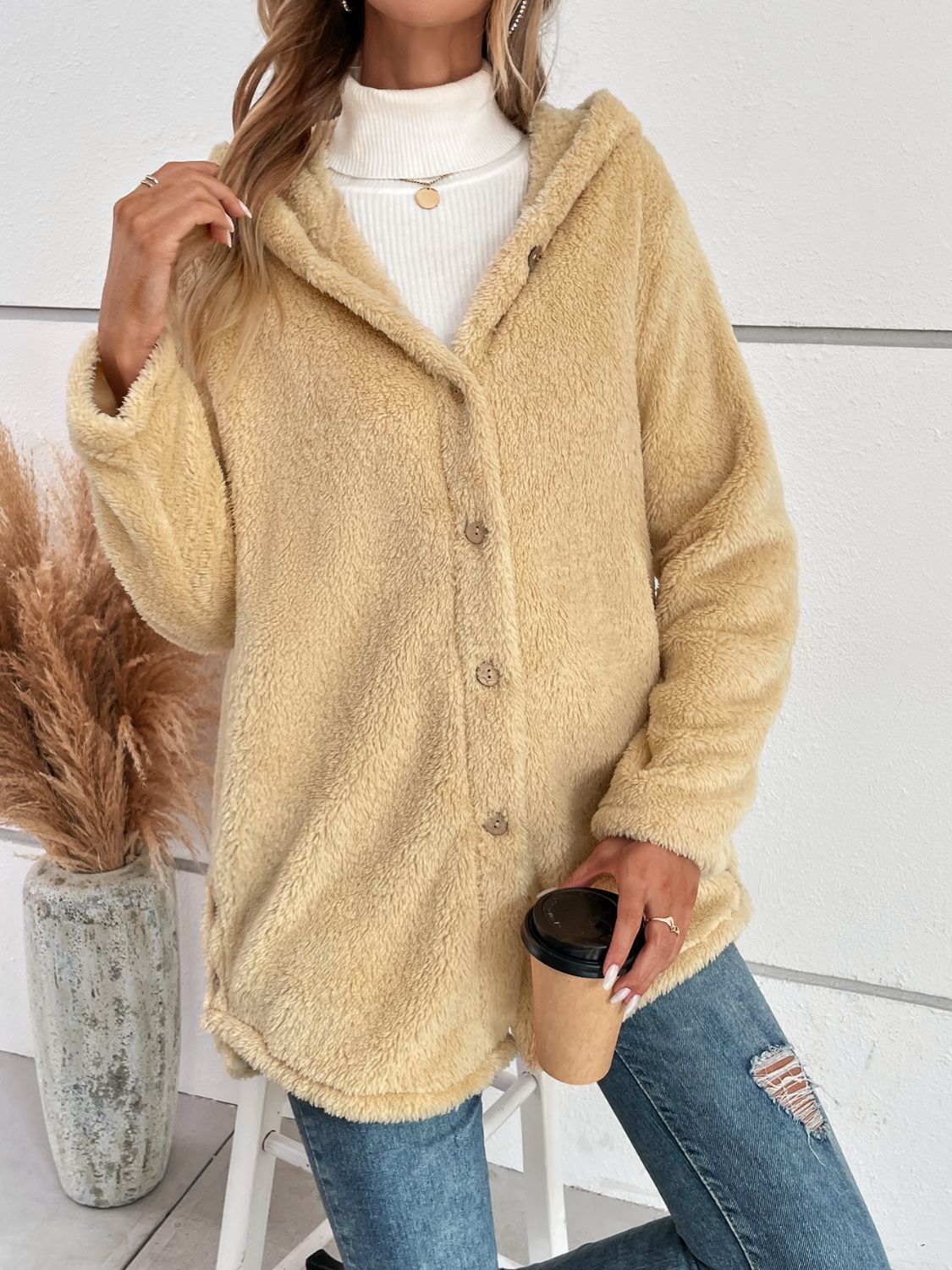 Fuzzy Button Up Hooded Jacket - JDrop.Shop