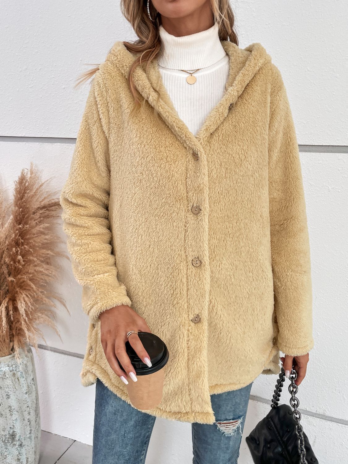 Fuzzy Button Up Hooded Jacket - JDrop.Shop