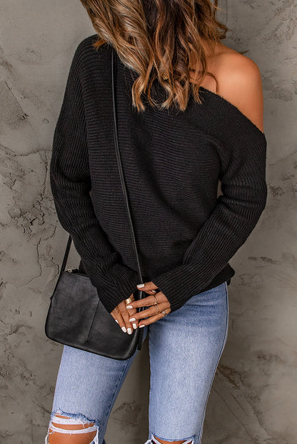 Horizontal Ribbing One-Shoulder Sweater - JDrop.Shop