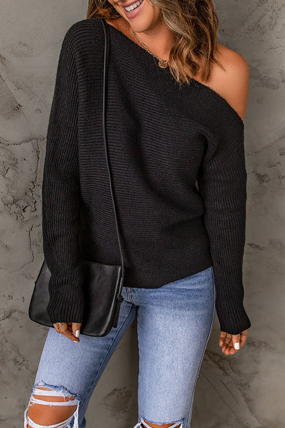 Horizontal Ribbing One-Shoulder Sweater - JDrop.Shop