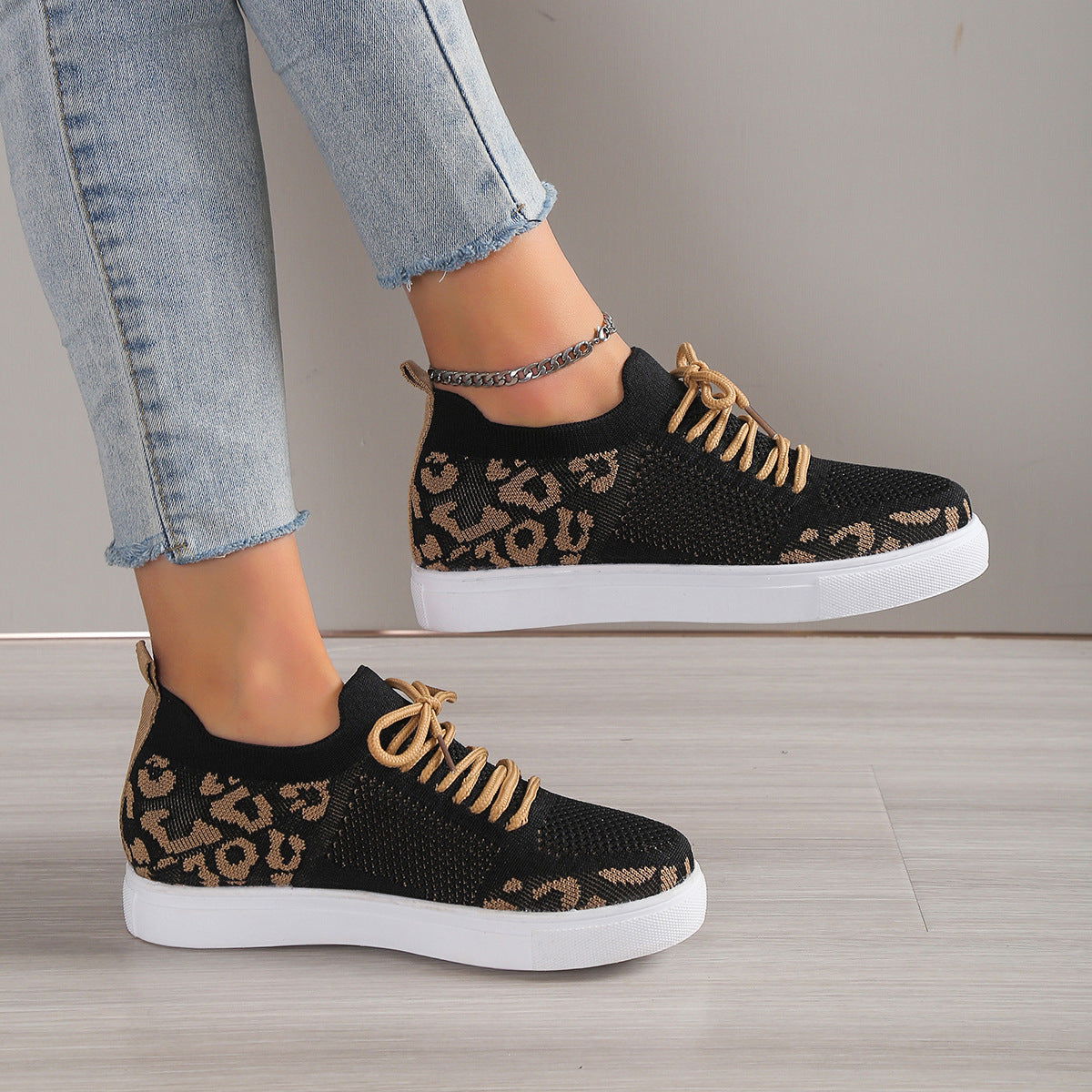 Lace-Up Leopard Flat Sneakers - JDrop.Shop