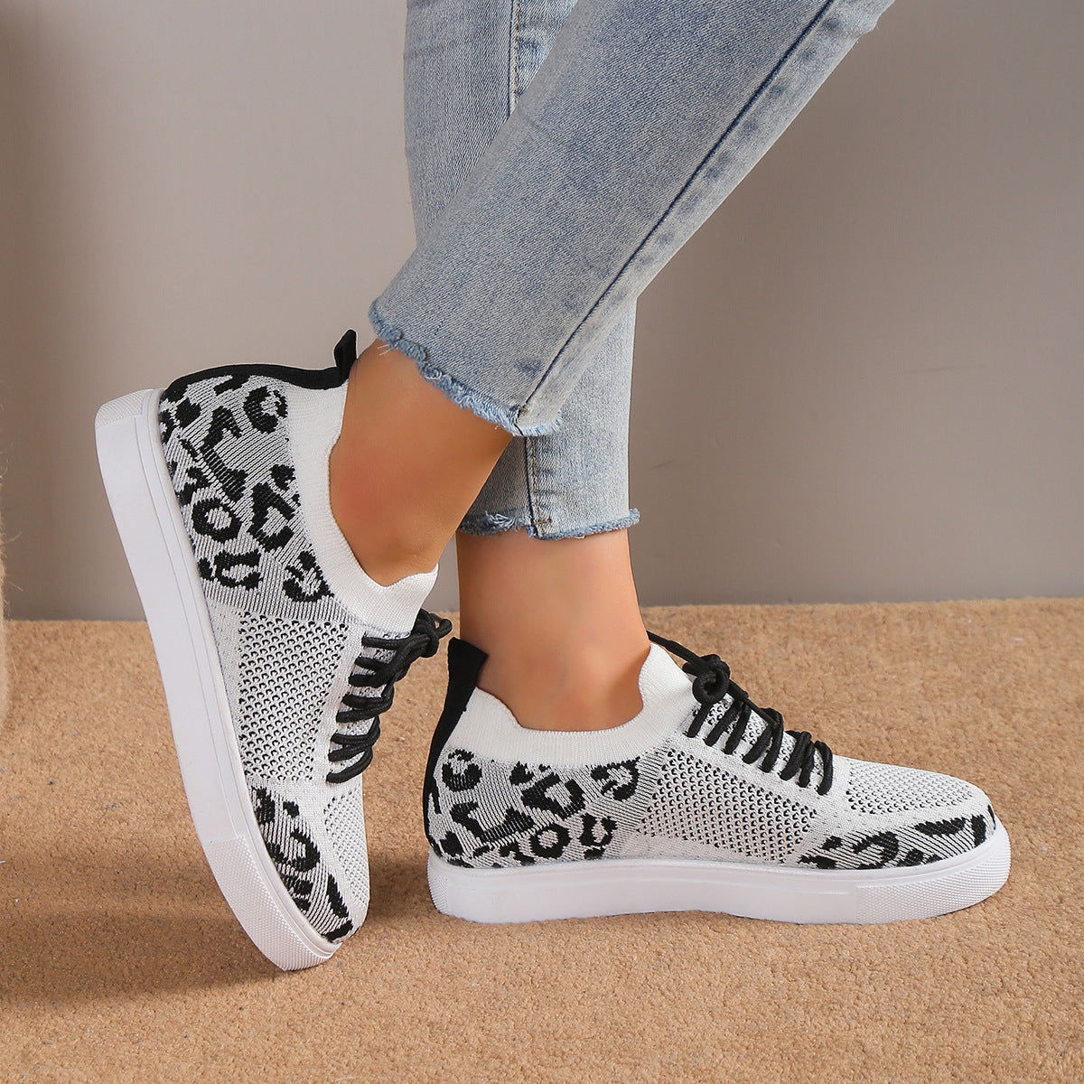 Lace-Up Leopard Flat Sneakers - JDrop.Shop