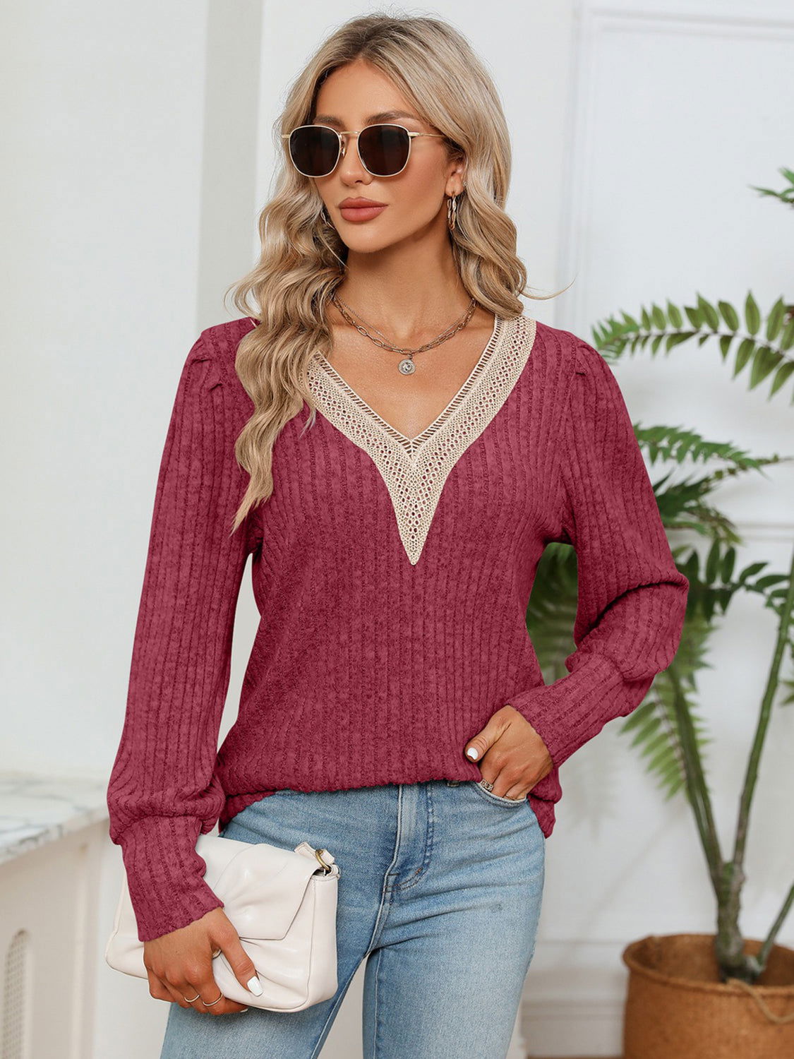 Lace Detail V-Neck Ribbed Blouse - JDrop.Shop