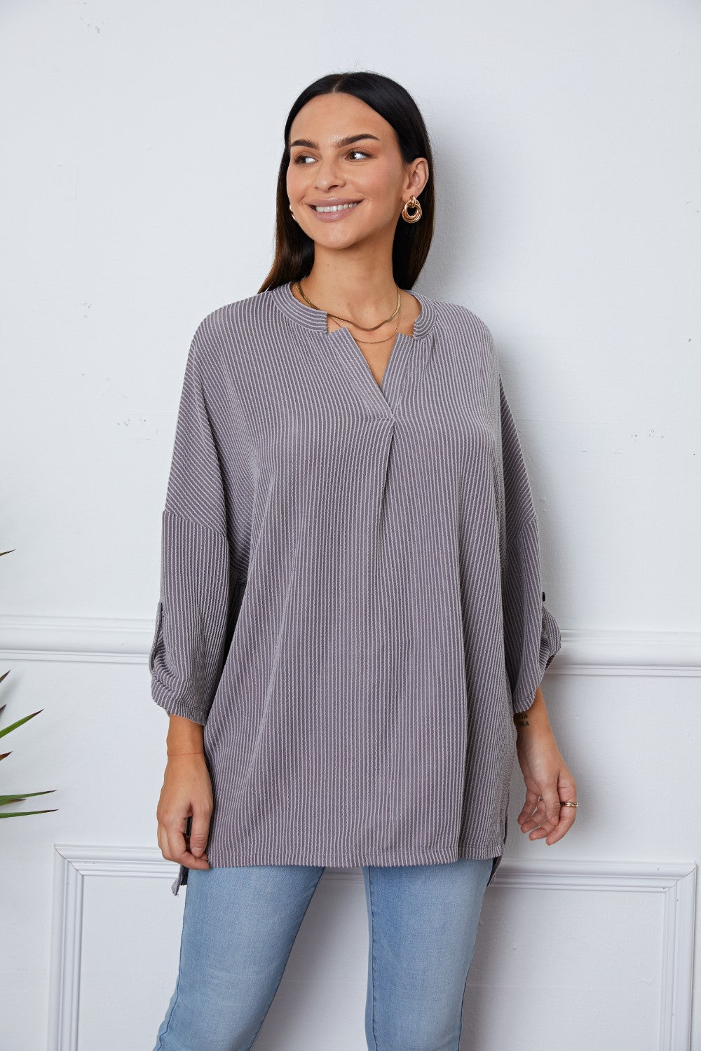 Notched Roll-Tab Sleeve Blouse - JDrop.Shop