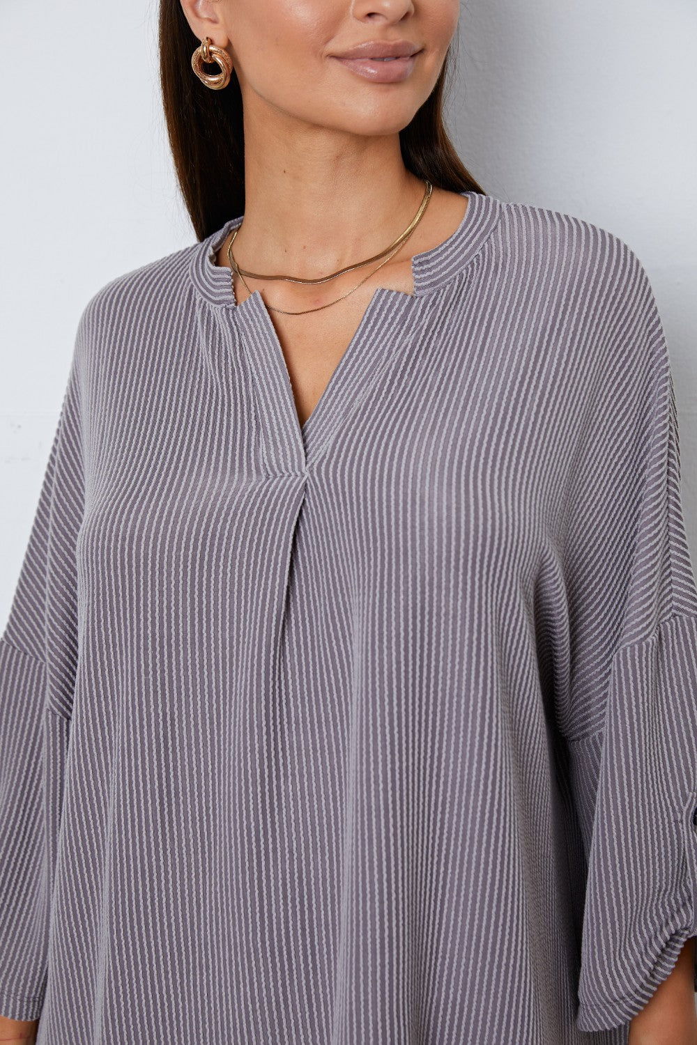 Notched Roll-Tab Sleeve Blouse - JDrop.Shop