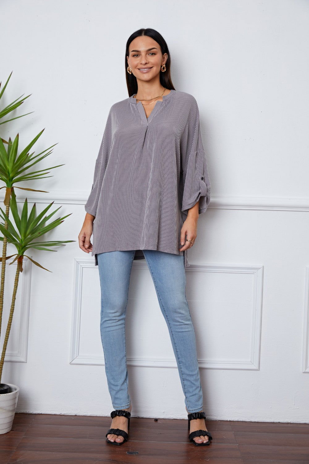 Notched Roll-Tab Sleeve Blouse - JDrop.Shop