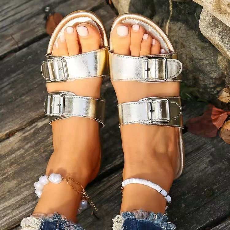 Open Toe Double Buckle Sandals - JDrop.Shop