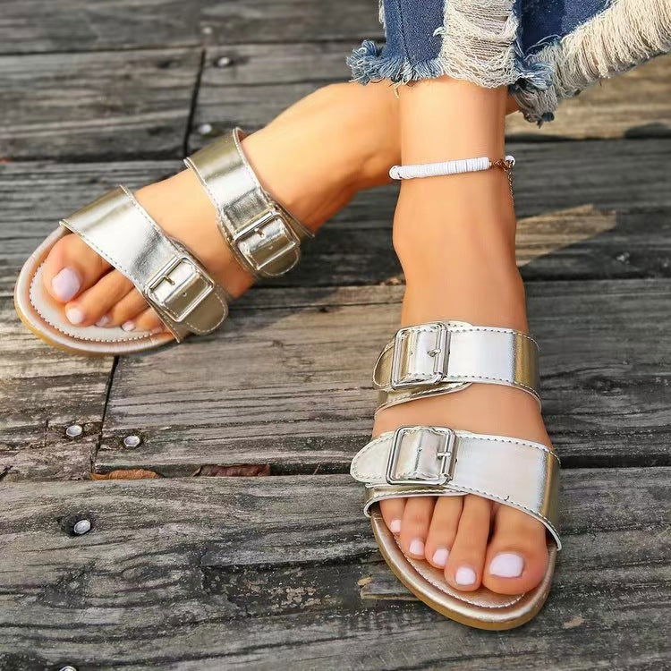 Open Toe Double Buckle Sandals - JDrop.Shop