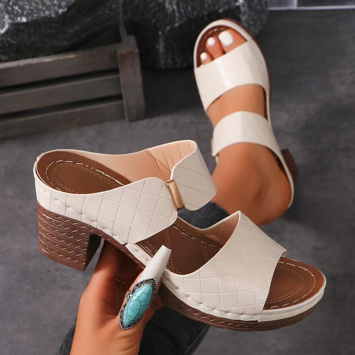 PU Leather Block Heel Sandals - JDrop.Shop