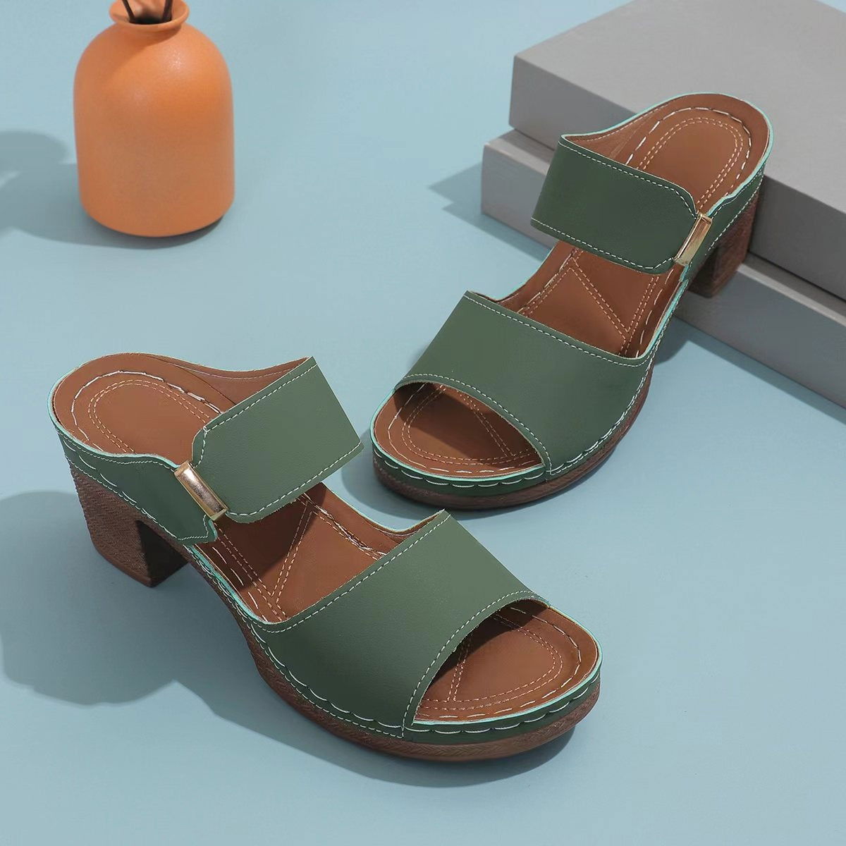 PU Leather Block Heel Sandals - JDrop.Shop