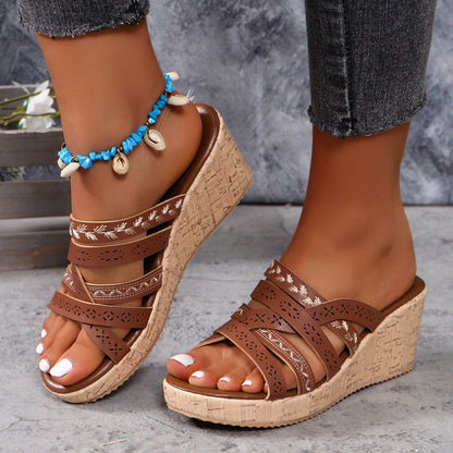 PU Leather Crisscross Wedge Sandals - JDrop.Shop