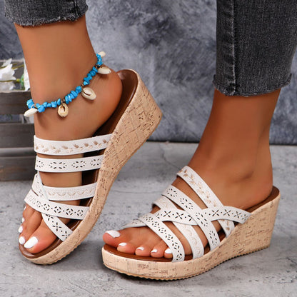 PU Leather Crisscross Wedge Sandals - JDrop.Shop