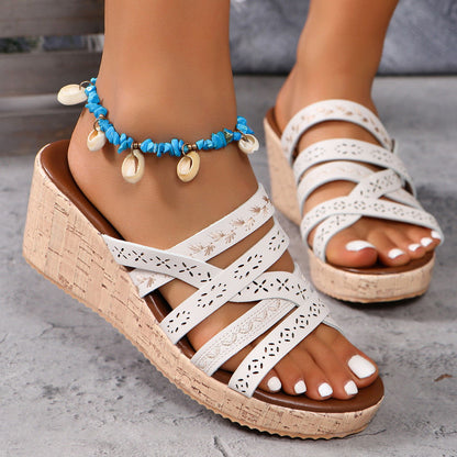 PU Leather Crisscross Wedge Sandals - JDrop.Shop