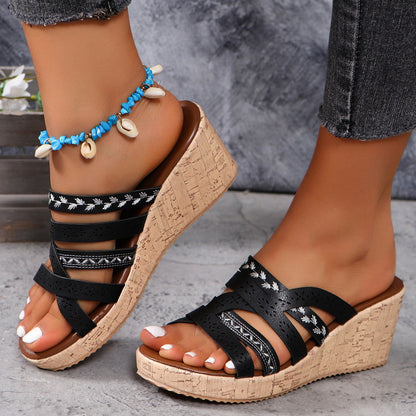 PU Leather Crisscross Wedge Sandals - JDrop.Shop